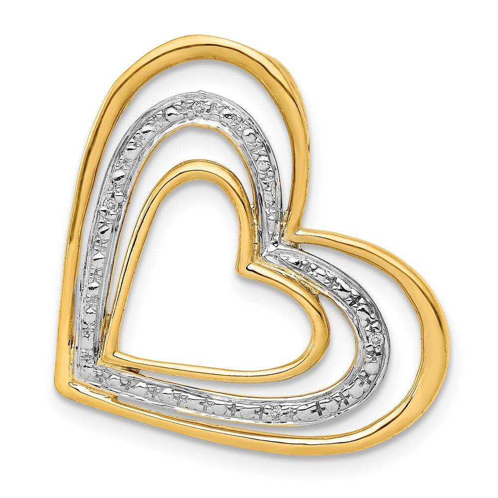14k Yellow Gold .01ct. Diamond and Rhodium Triple Heart Chain Slide Pendant
