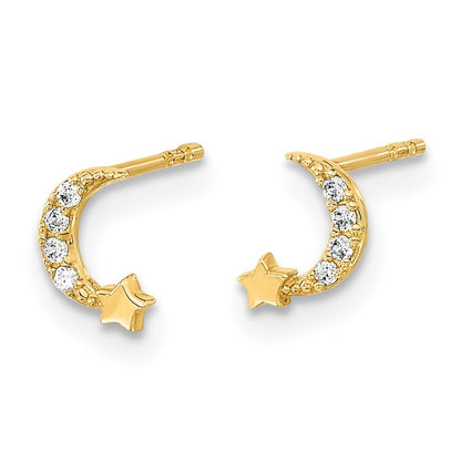 14k Yellow Gold Polished Moon and Star Cubic Zirconia Stud Earrings
