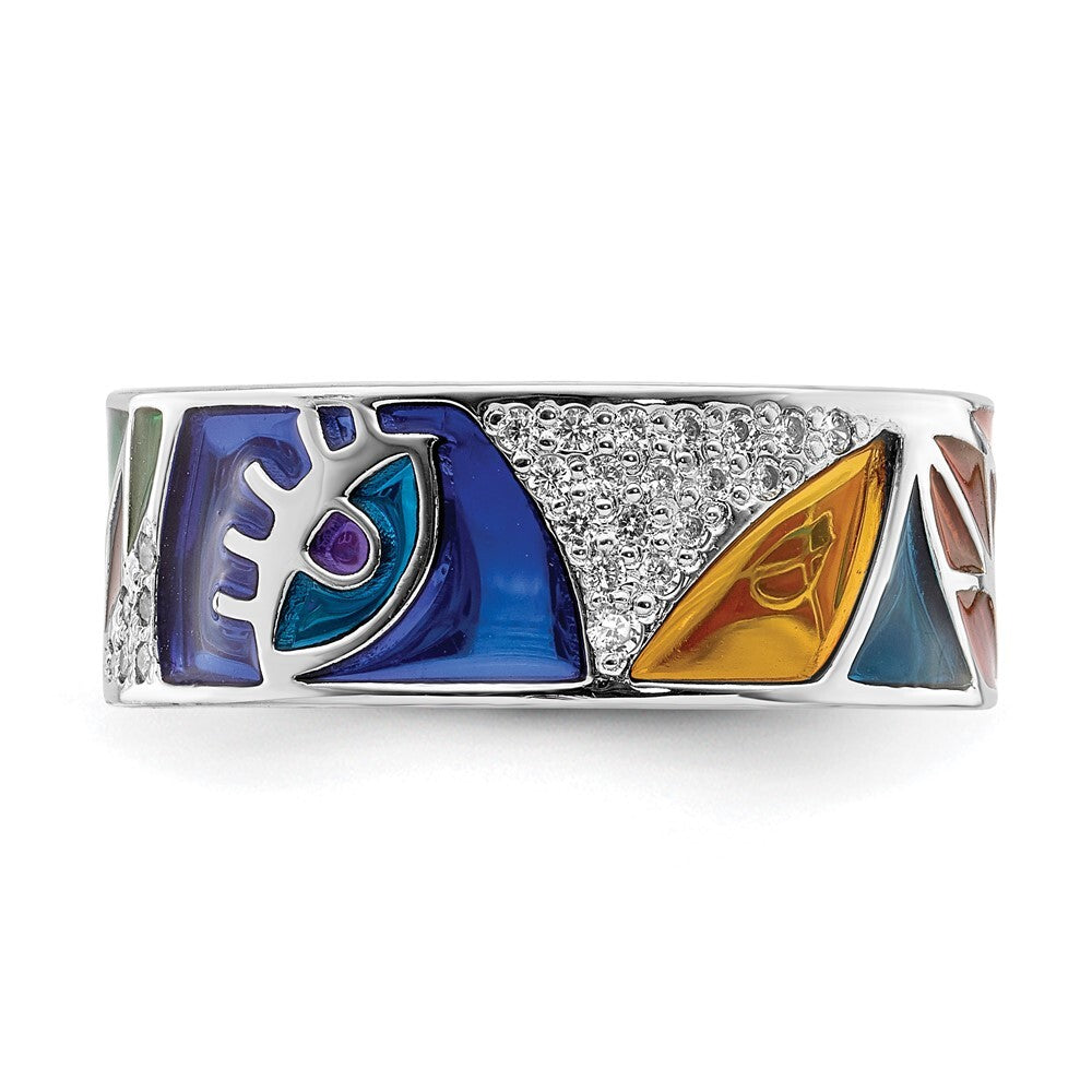 Sterling Silver Abstract Multi-color Enamel & Cubic Zirconia Cuff Ring SZ 8