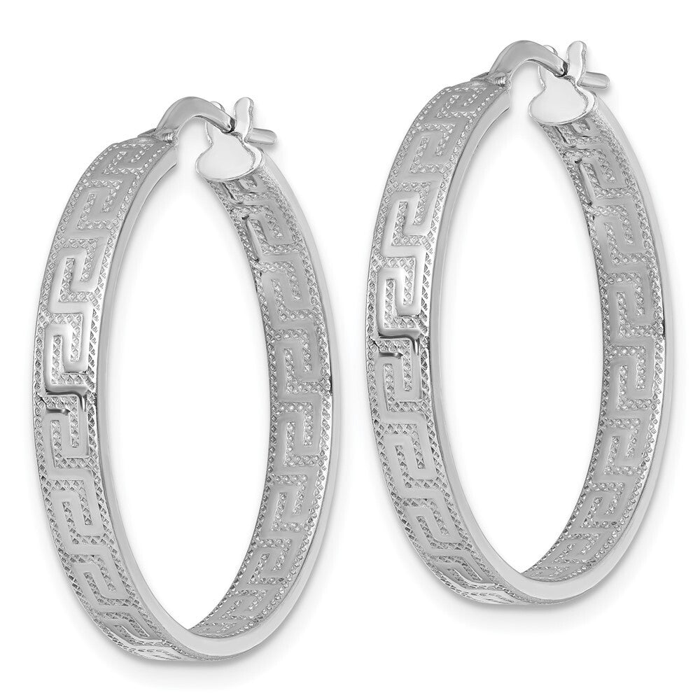 Sterling Silver RH-plated Polished Textured Greek Key Hoop Earrings