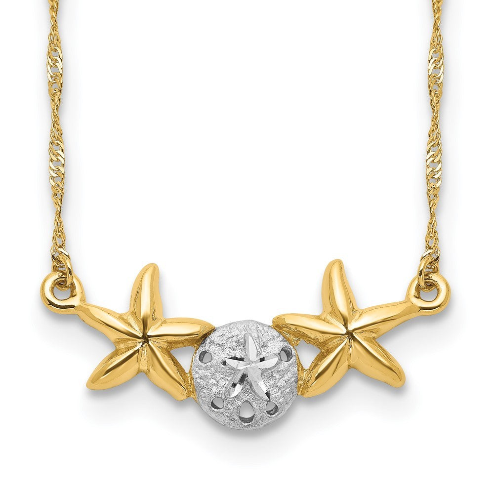 14k Yellow Gold White Rhodium Brushed Sand Dollar Starfish 18" Necklace