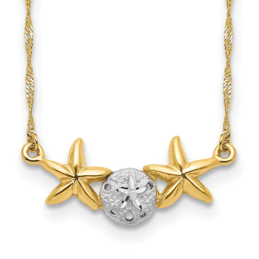 14k Yellow Gold White Rhodium Brushed Sand Dollar Starfish 18" Necklace