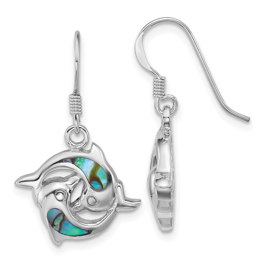 Sterling Silver Rhod-plated Polished Abalone Dolphins Dangle Earrings