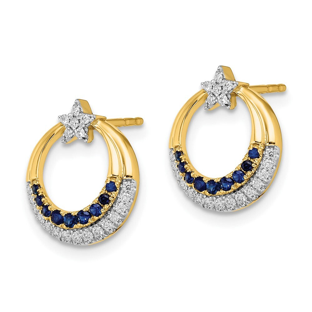 14k Yellow Gold Polished Sapphire and Diamond Star and Circle Stud Earrings
