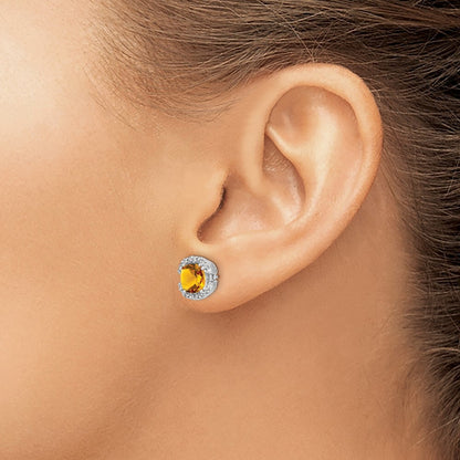 14k White Gold Cushion Citrine and Diamond Halo Stud Earrings