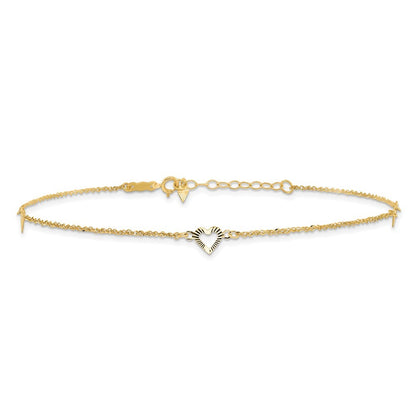 14k Yellow Gold Diamond-cut Hearts 3-Station 11" Anklet