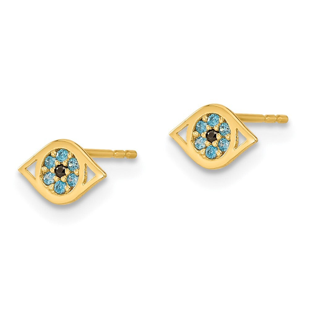 14k Yellow Gold Blue Cubic Zirconia Eye Stud Earrings Gift for Women