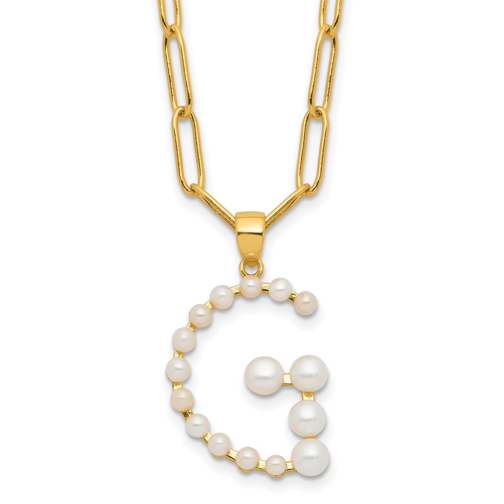 Sterling Silver 3-5.5mm White Button Cultured Pearl LETTER G Necklace 18"