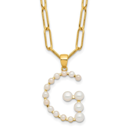 Sterling Silver 3-5.5mm White Button Cultured Pearl LETTER G Necklace 18"