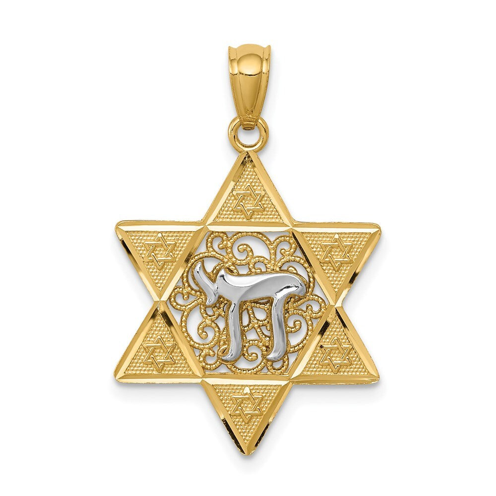 14k Two-tone Gold Gold Polished Star of David Chai Pendant for Women