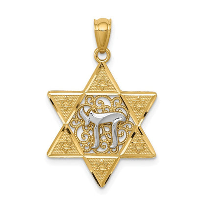 14k Two-tone Gold Gold Polished Star of David Chai Pendant for Women