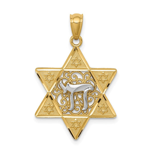 14k Two-tone Gold Gold Polished Star of David Chai Pendant for Women