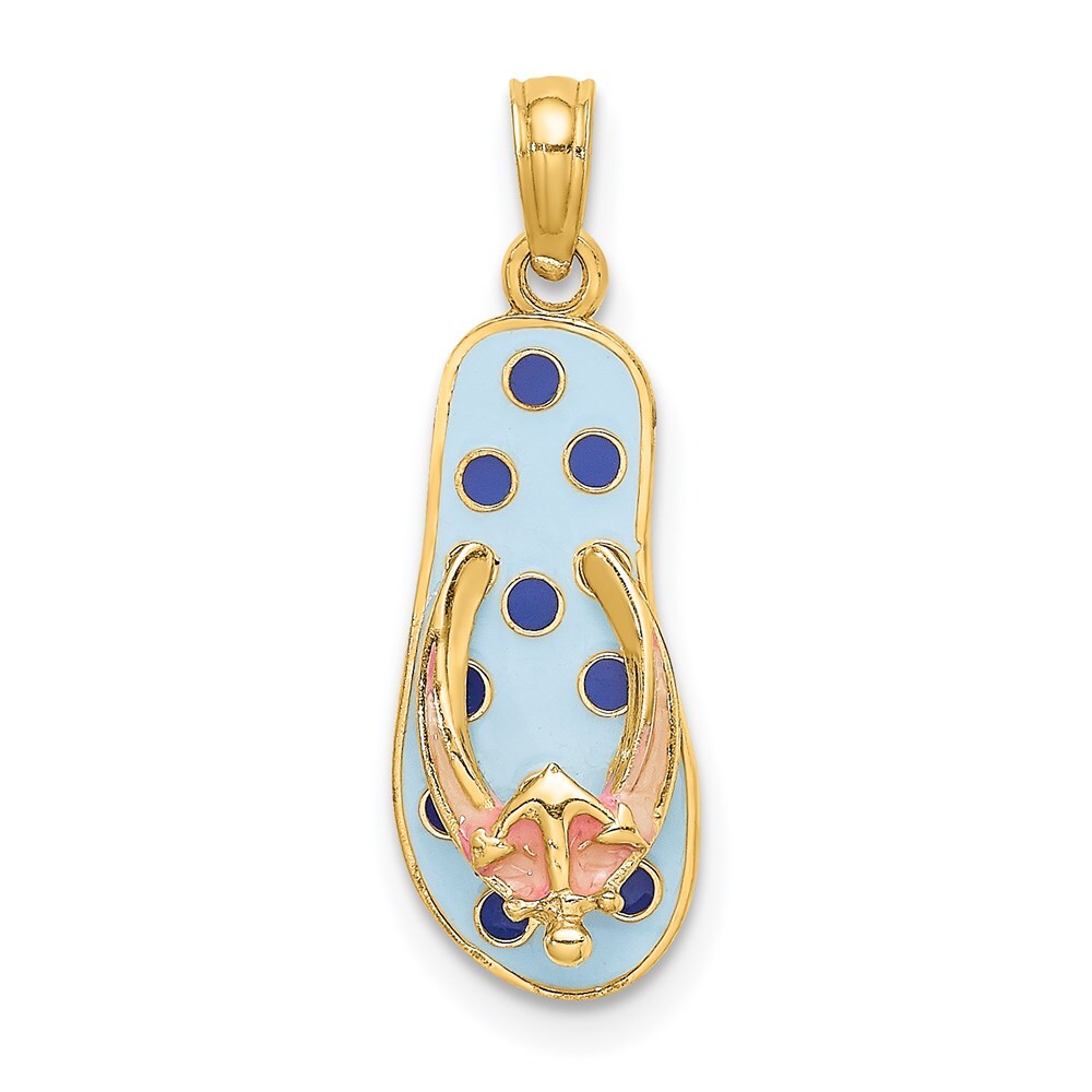 14k Yellow Gold 3D Enamel Anchor On Blue Polka-Dot Flip-Flop Charm Pendant