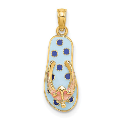 14k Yellow Gold 3D Enamel Anchor On Blue Polka-Dot Flip-Flop Charm Pendant