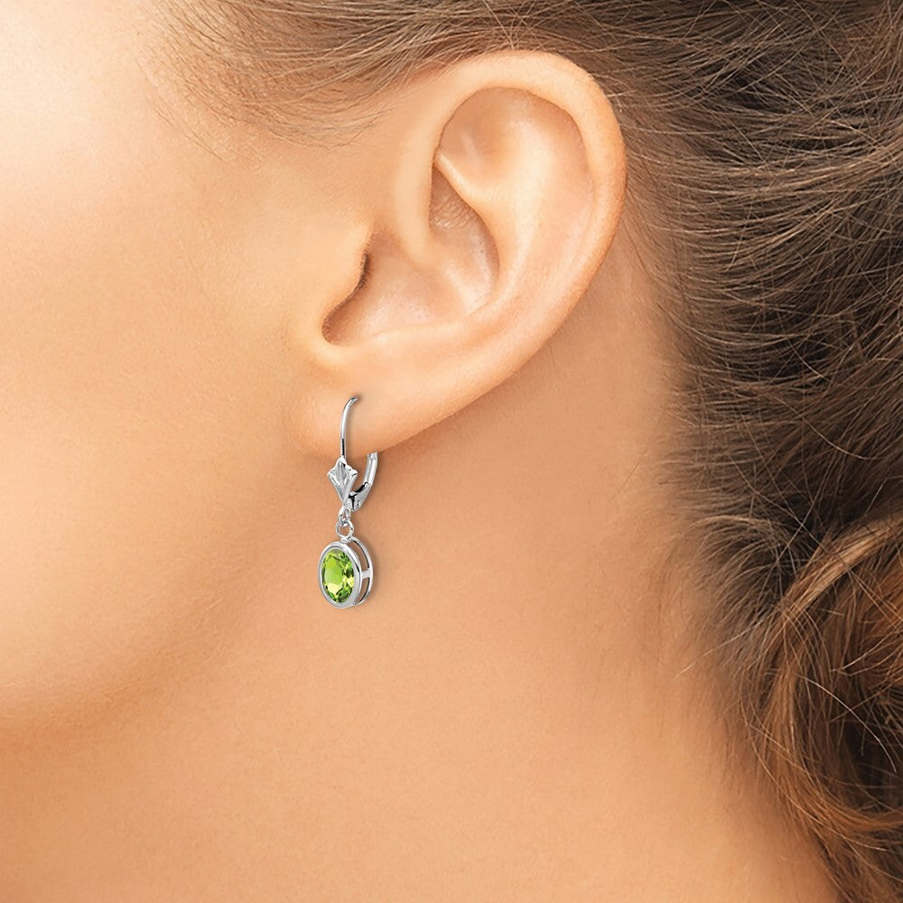 14k White Gold 7x5mm Oval Peridot Leverback Earrings Gift for Women