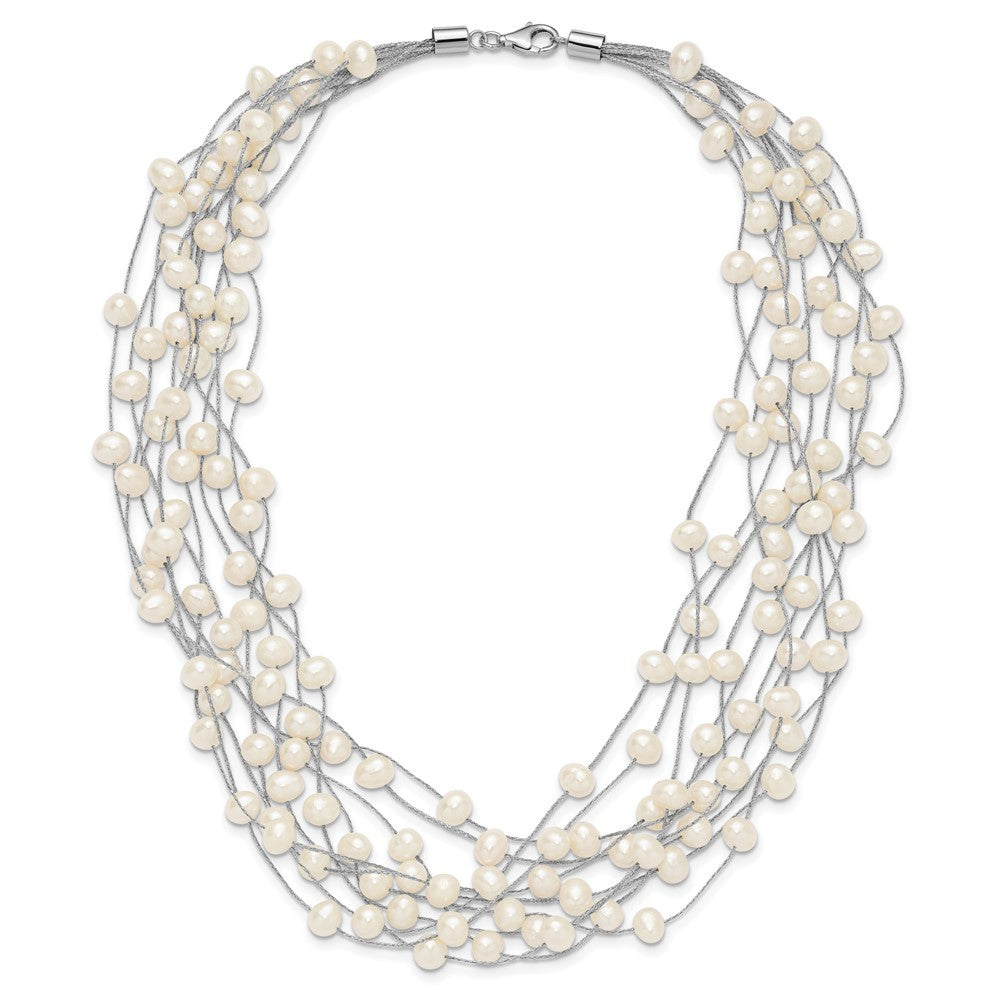 Sterling Silver 6-8mm White Semi-Round Cultured Pearl Multi Strand 15" Necklace