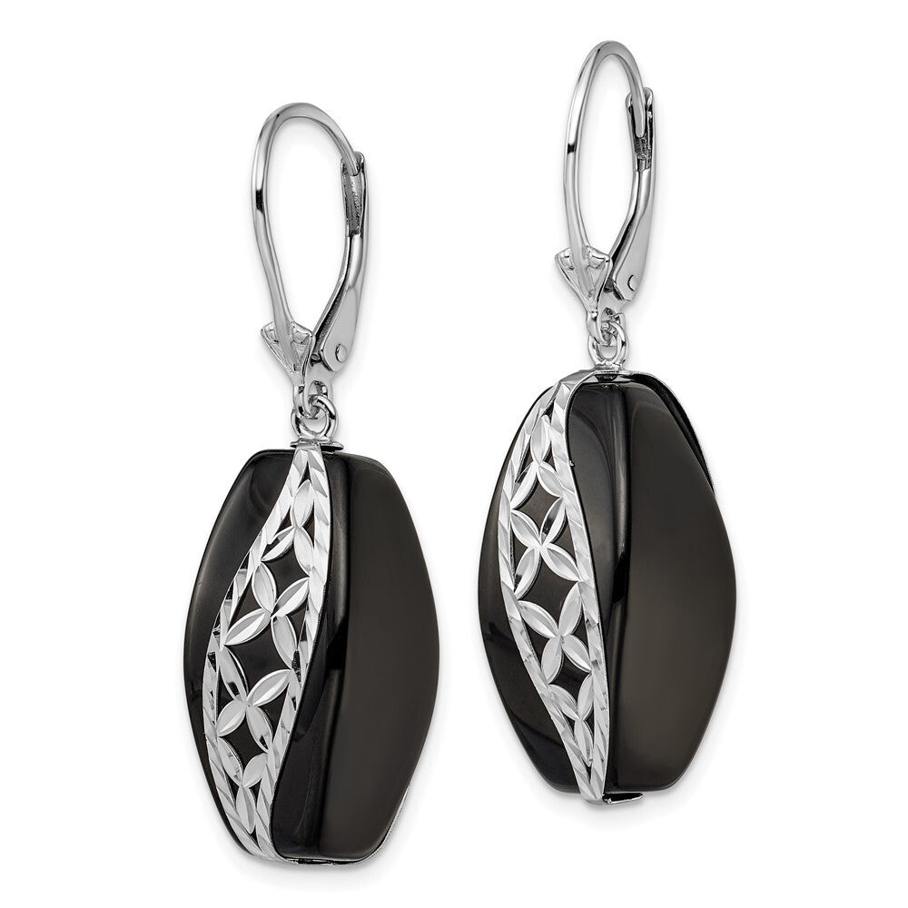 Sterling Silver Polished & Diamond-cut Onyx Leverback Dangle Earrings