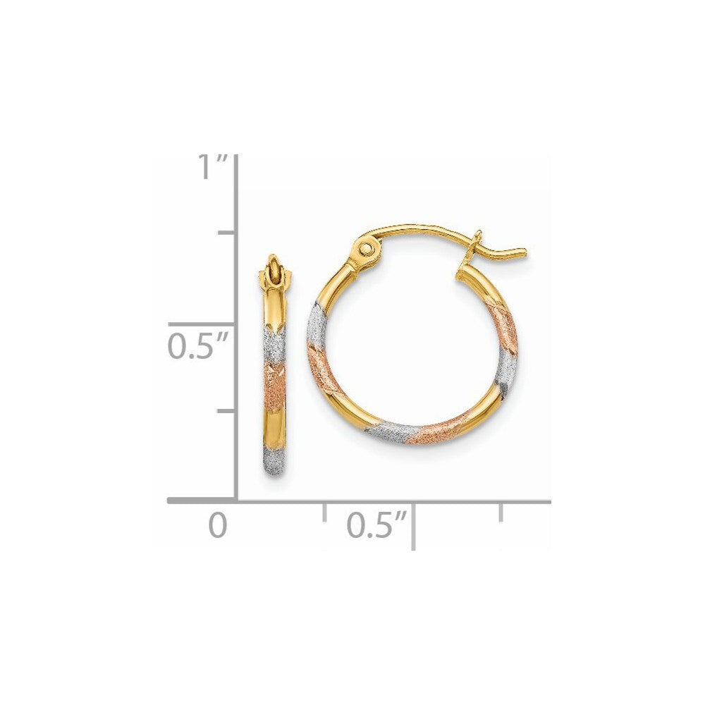 14k Yellow Gold White and Rose Rhodium 1.5mm Satin & Diamond-Cut Hoop Earrings