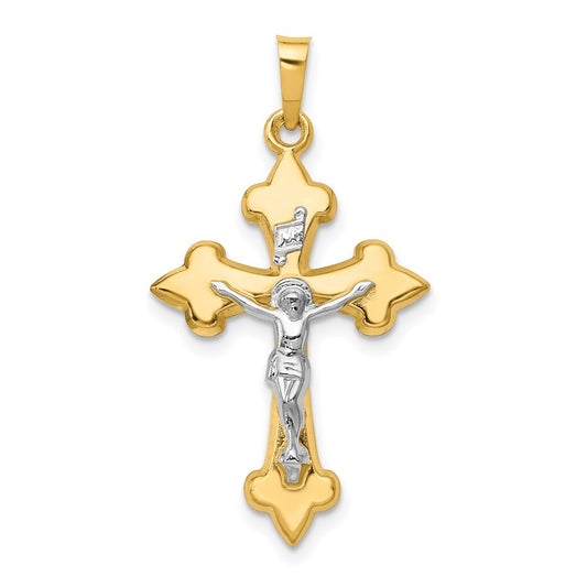 14k Two-tone Gold Polished Fleur de Lis INRI Crucifix Pendant for Women