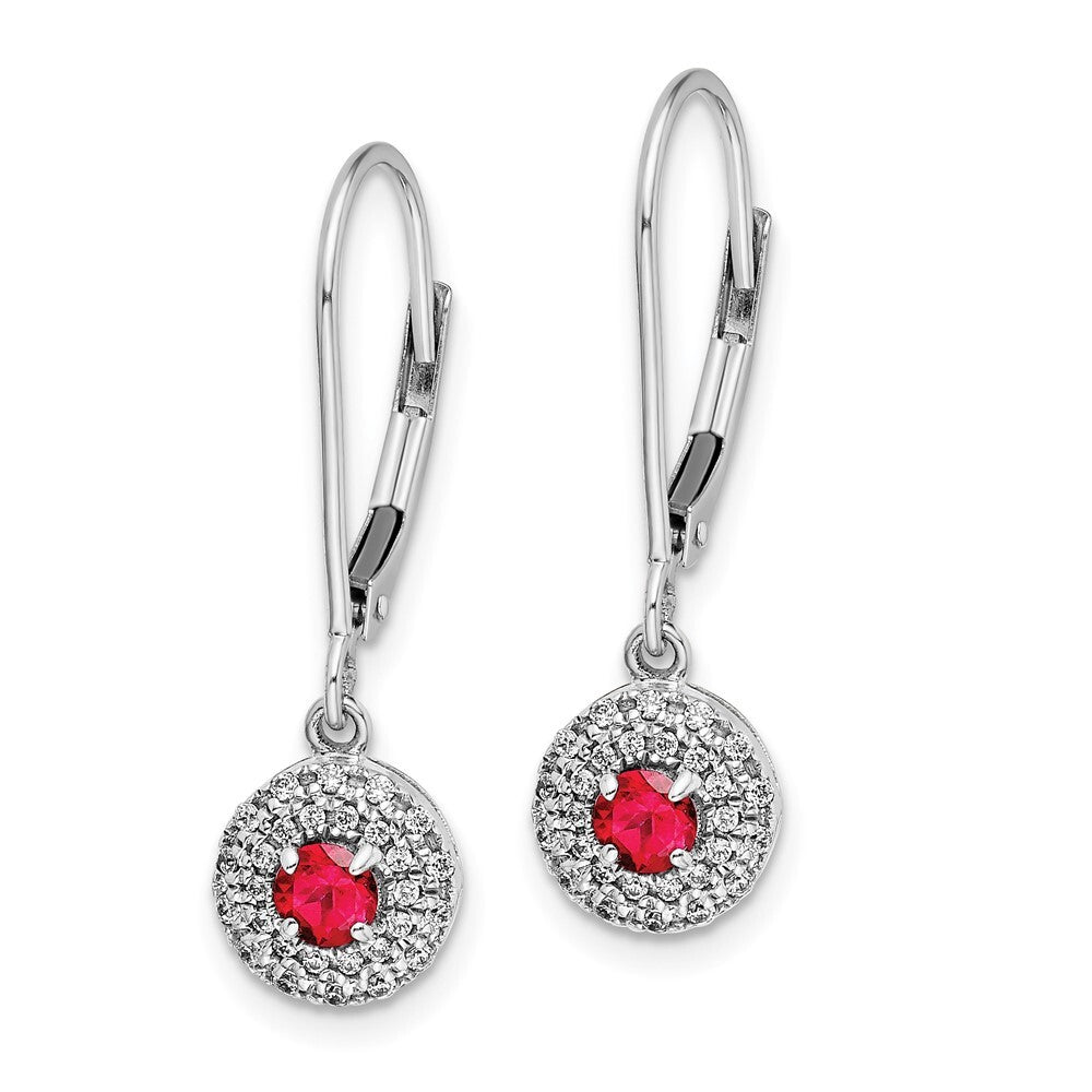 14k White Gold Diamond Halo Ruby Leverback Dangle Earrings