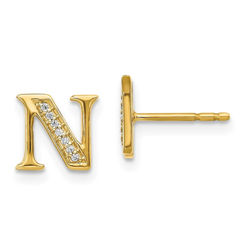 14k Yellow Gold Diamond Initial N Stud Earrings Gift for Women