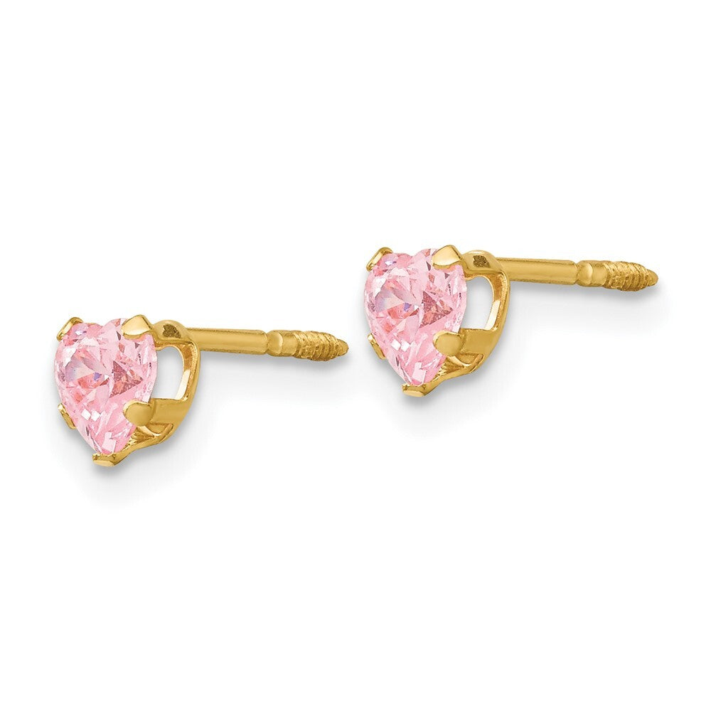14k Yellow Gold 4mm Pink Cubic Zirconia Heart Stud Earrings Gift for Women