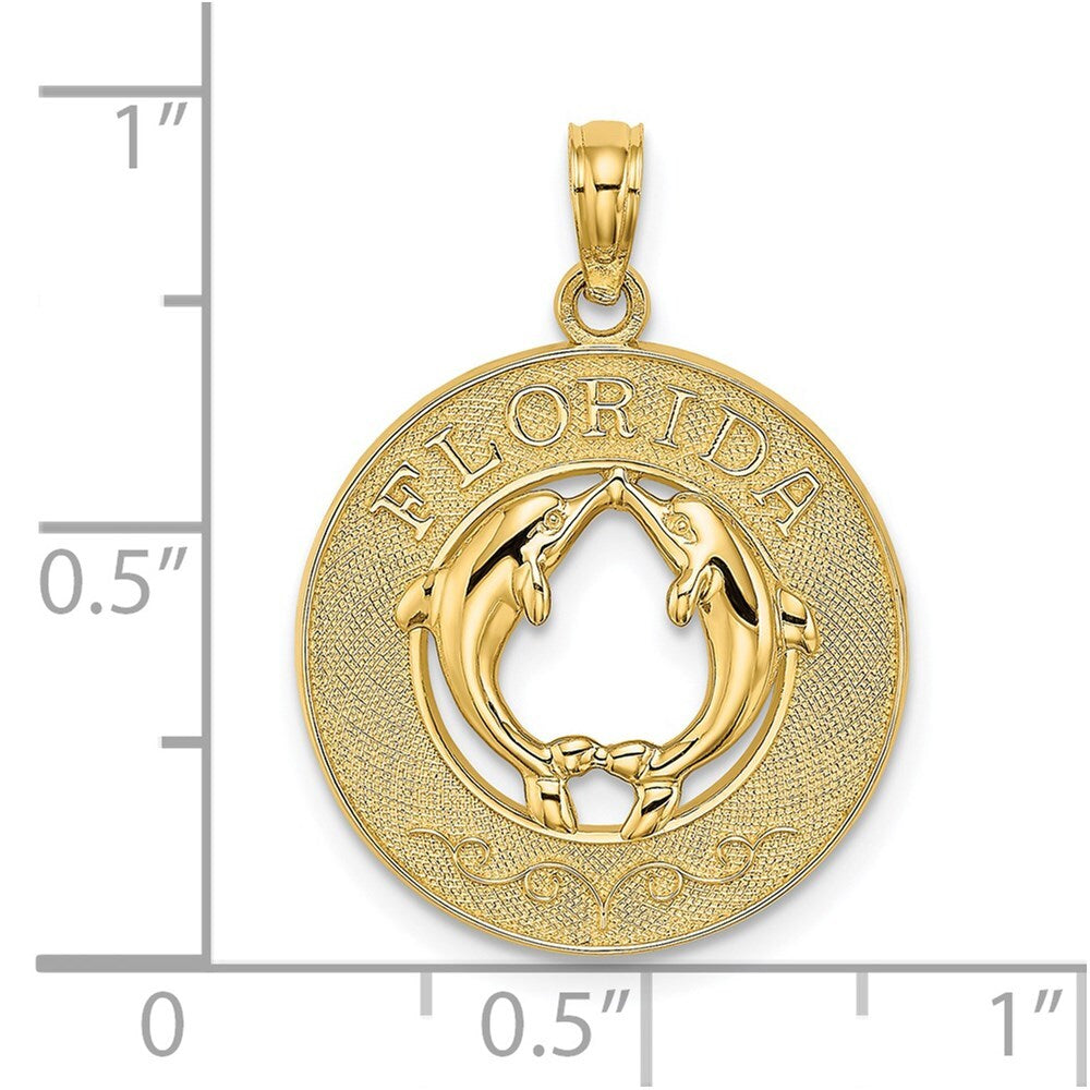 14k Yellow Gold FLORIDA Dolphins Circle Charm Pendant for Women