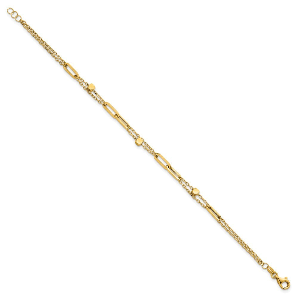 14k Yellow Gold  and Beaded 2-Strand with Fancy Paperclip Link 7.5" Bracelet