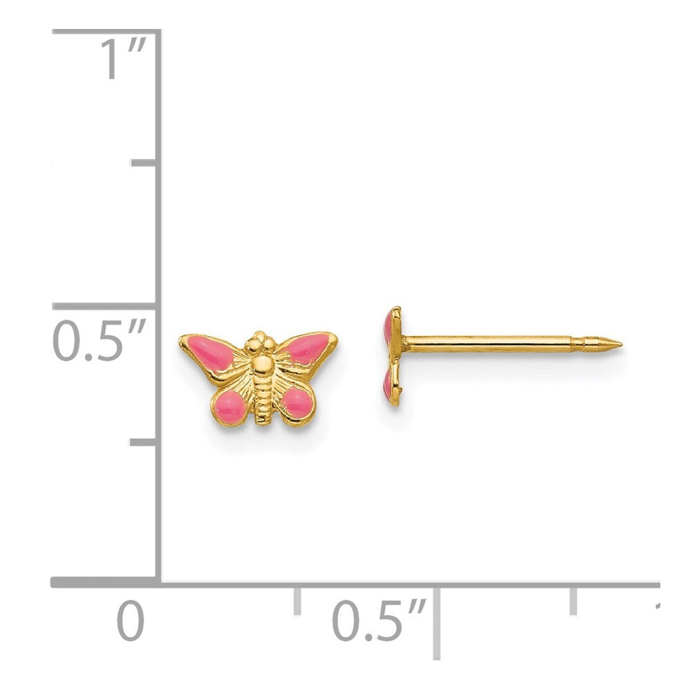 14k Yellow Gold Epoxy Fill Pink Butterfly Stud Earrings Gift for Women
