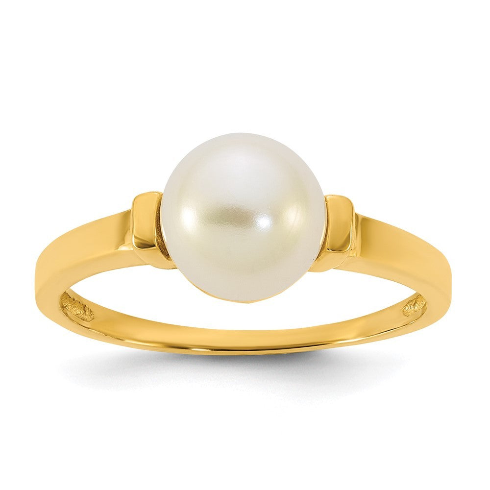 14k Yellow Gold Polished 7-8mm Button White Freshwater Cultured Pearl Ring Sz 7