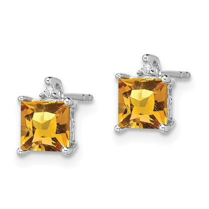 14k White Gold Princess Citrine and Diamond Earrings