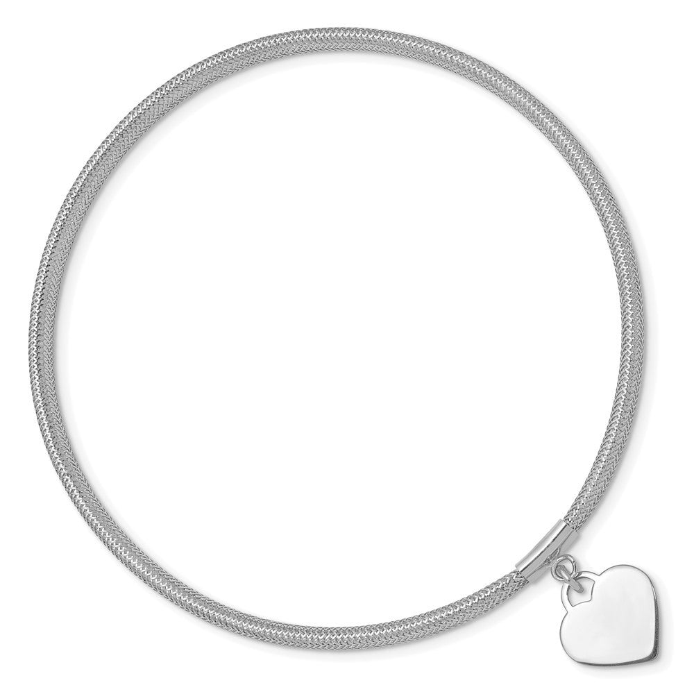 14k Yellow Gold White Rhodium 4mm Heart Dangle Mesh Slip-on Stretch Bracelet
