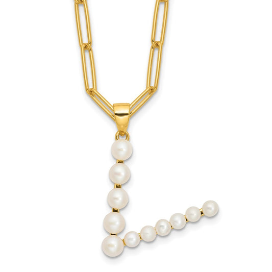Sterling Silver 3-5.5mm White Button Cultured Pearl LETTER V Necklace 18"