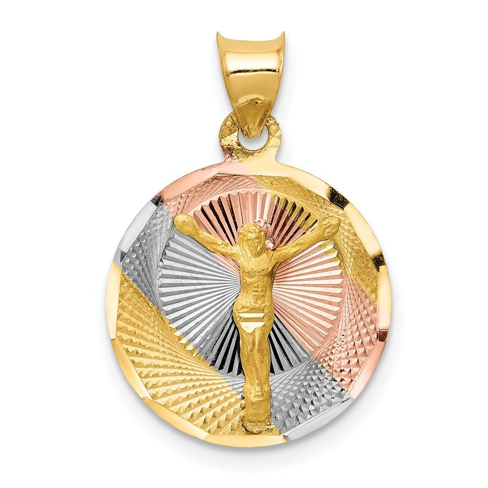 14k Yellow Gold w Rose and White Rhodium Diamond-Cut Corpus Circle Pendant