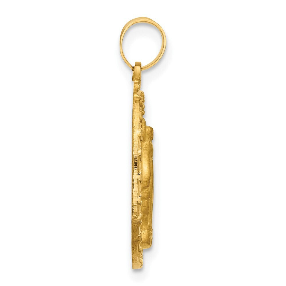 14k Yellow Gold Satin and Polished Miraculous Medal Solid Oval Pendant for Women