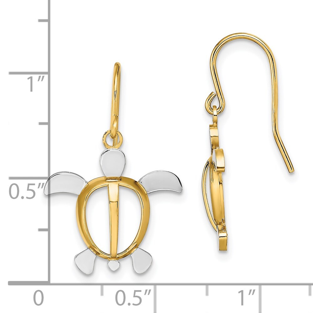14k Yellow Gold Rhodium Sea Turtle Dangle Earrings