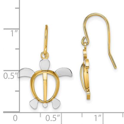 14k Yellow Gold Rhodium Sea Turtle Dangle Earrings
