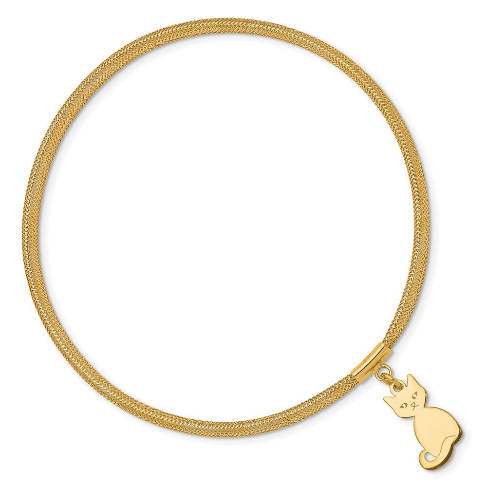 14k Yellow Gold 4mm Cat Dangle Woven Mesh Slip-on Stretch Bracelet