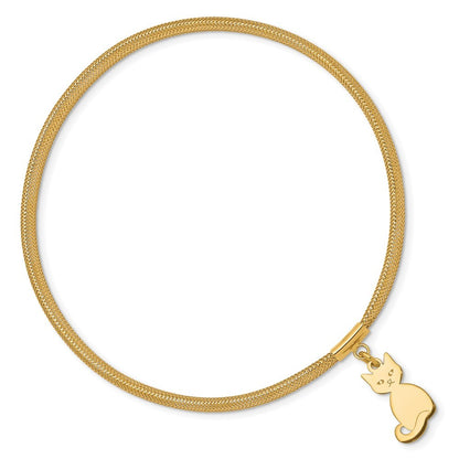 14k Yellow Gold 4mm Cat Dangle Woven Mesh Slip-on Stretch Bracelet