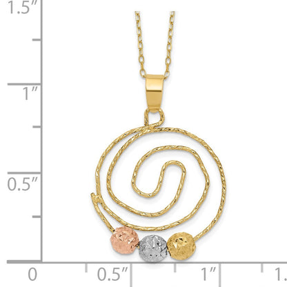 14k Tri-color Gold Diamond-Cut Beads on Spiral Pendant Necklace
