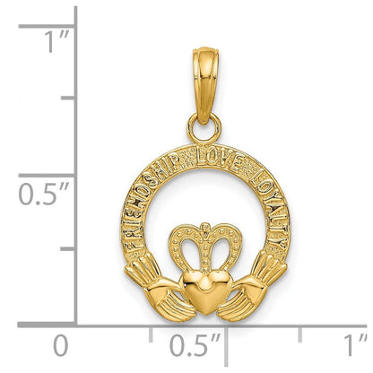 14k Yellow Gold Satin Diamond-cut Flat-Backed Claddagh Pendant for Women