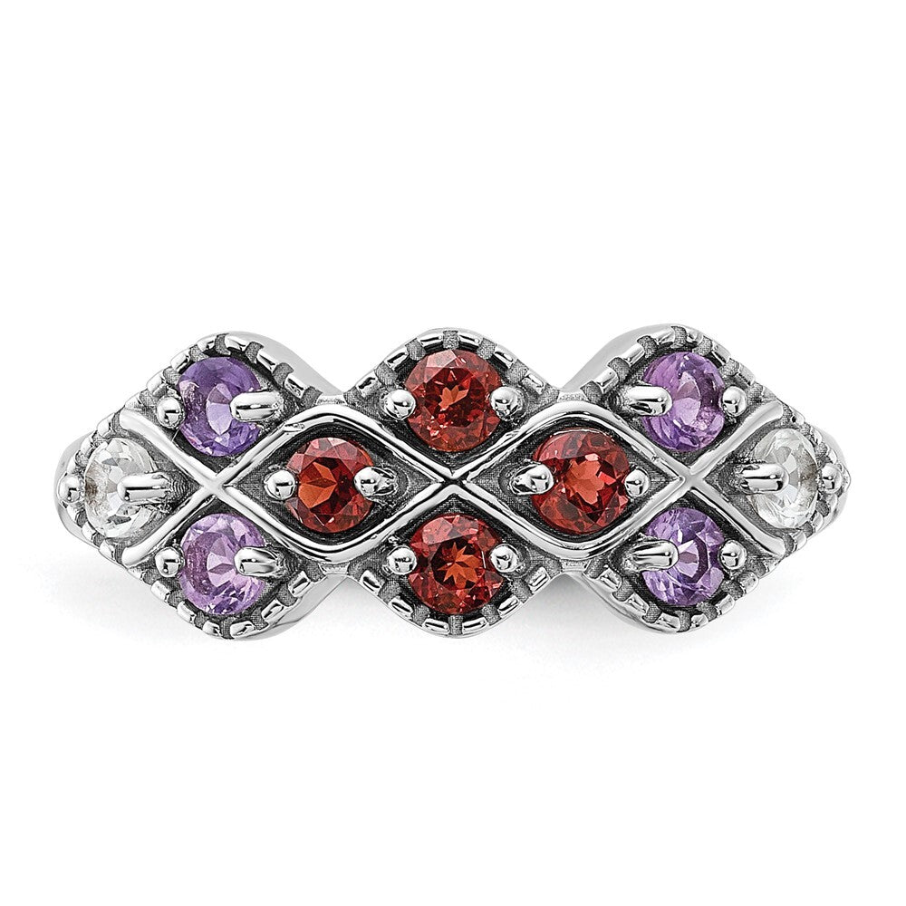 Sterling Silver Rhodium-plated Garnet Amethyst and White Topaz Ring Size 7