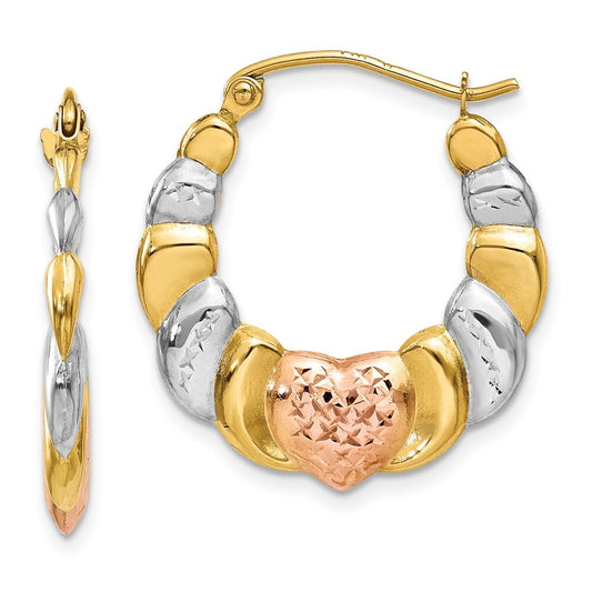 14k Yellow Gold & White and Rose Rhodium Scalloped Heart Hoop Earrings