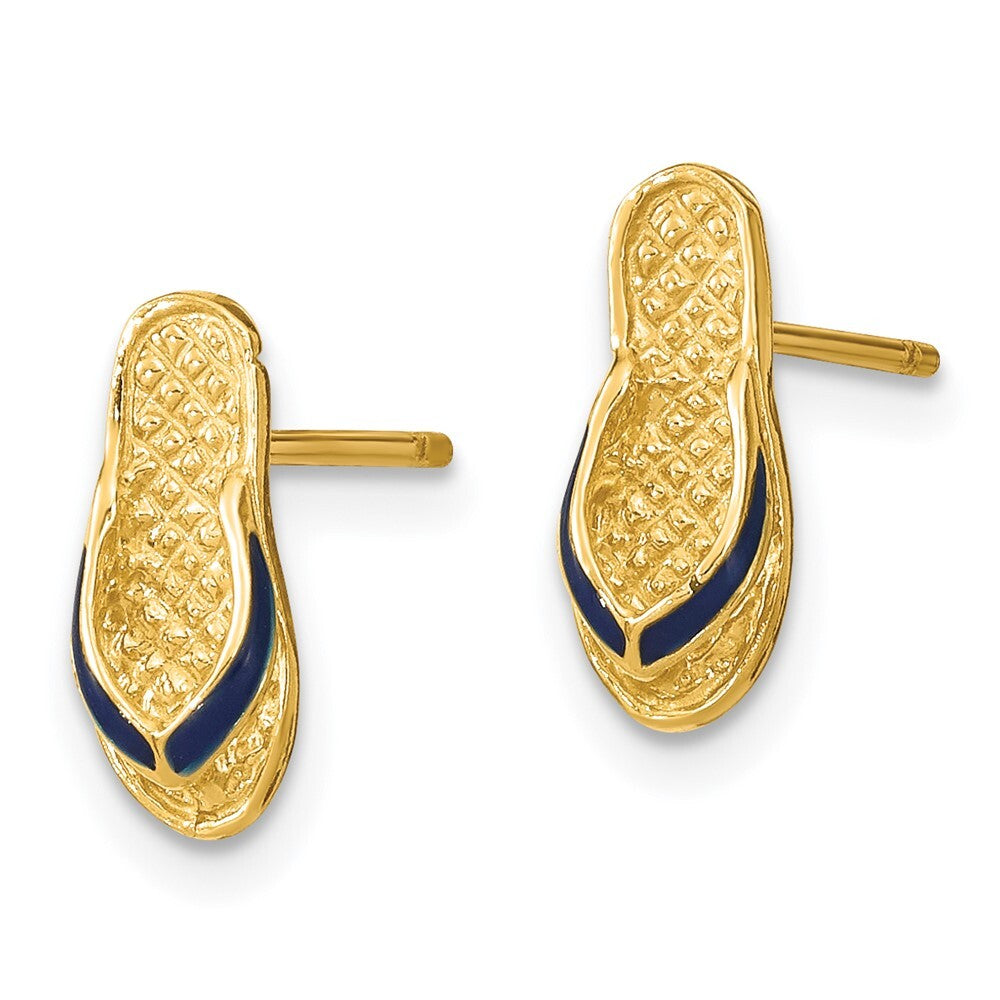 14k Yellow Gold 3D Blue Enamel Single Flip-Flop Stud Earrings Gift for Women