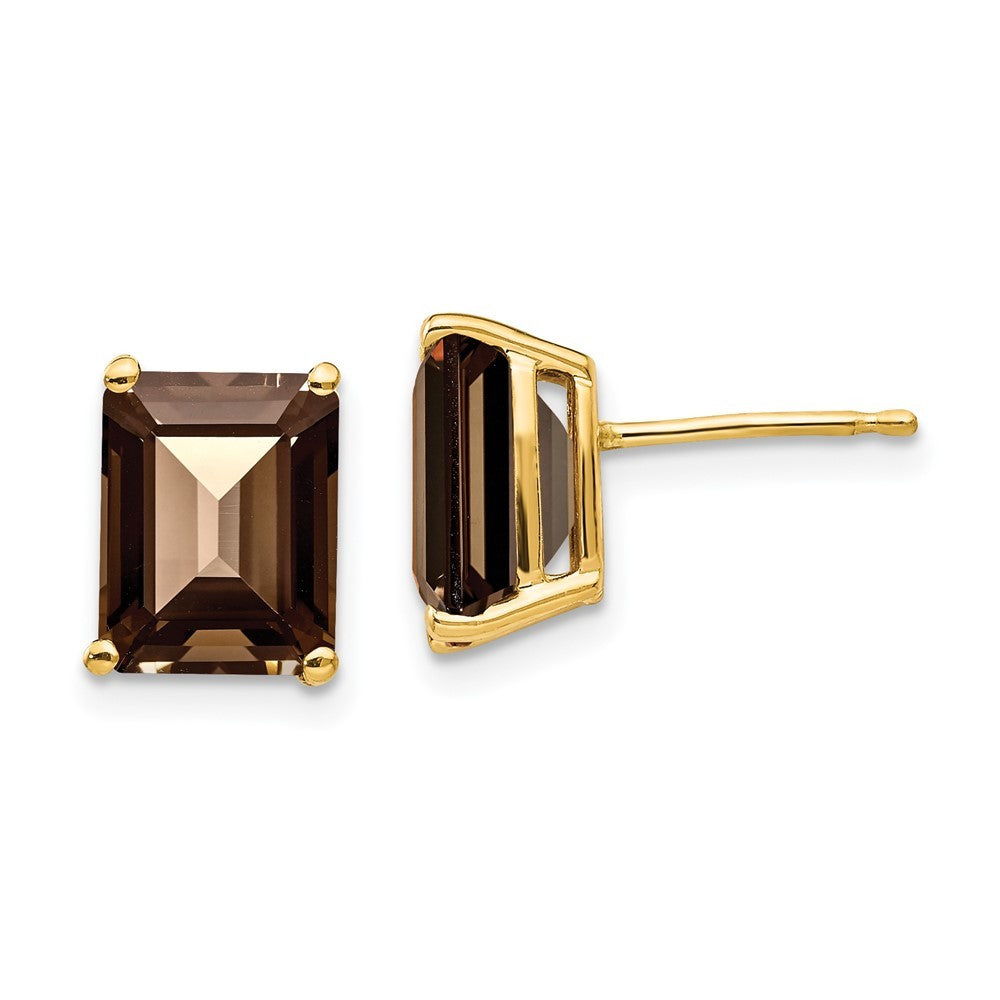 14k Yellow Gold 9x7 Emerald Smoky Quartz Earrings