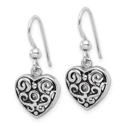 SS Rhodium-plated Antiqued Pink Cubic Zirconia Filigree Heart Dangle Earrings