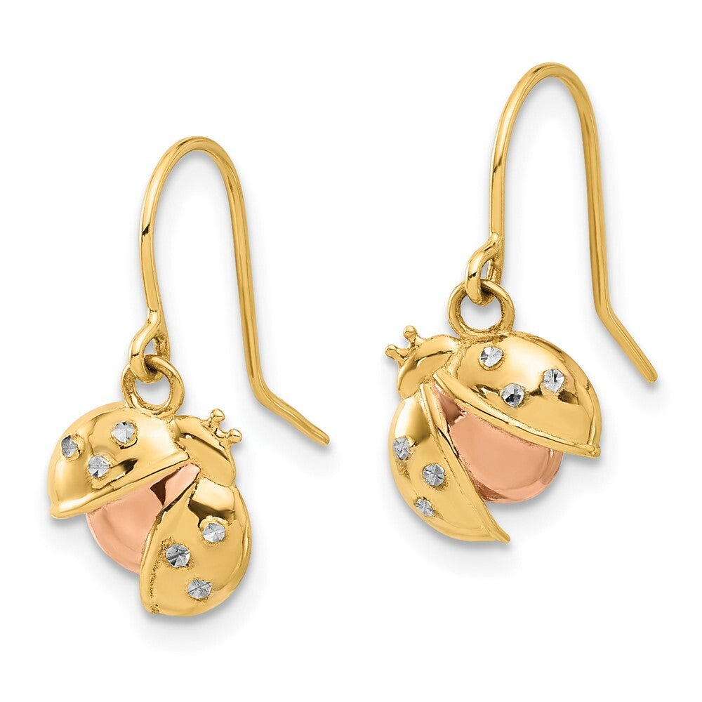 14k Yellow Gold Rose and White Rhodium Diamond-Cut Ladybug Dangle Earrings