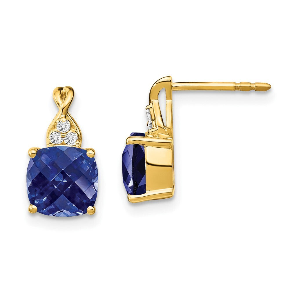 14k Yellow Gold Checkerboard Created Sapphire and Diamond Drop & Dangle Earrings