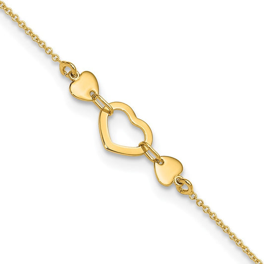 14k Yellow Gold Polished Open Heart 10.75 inch Anklet