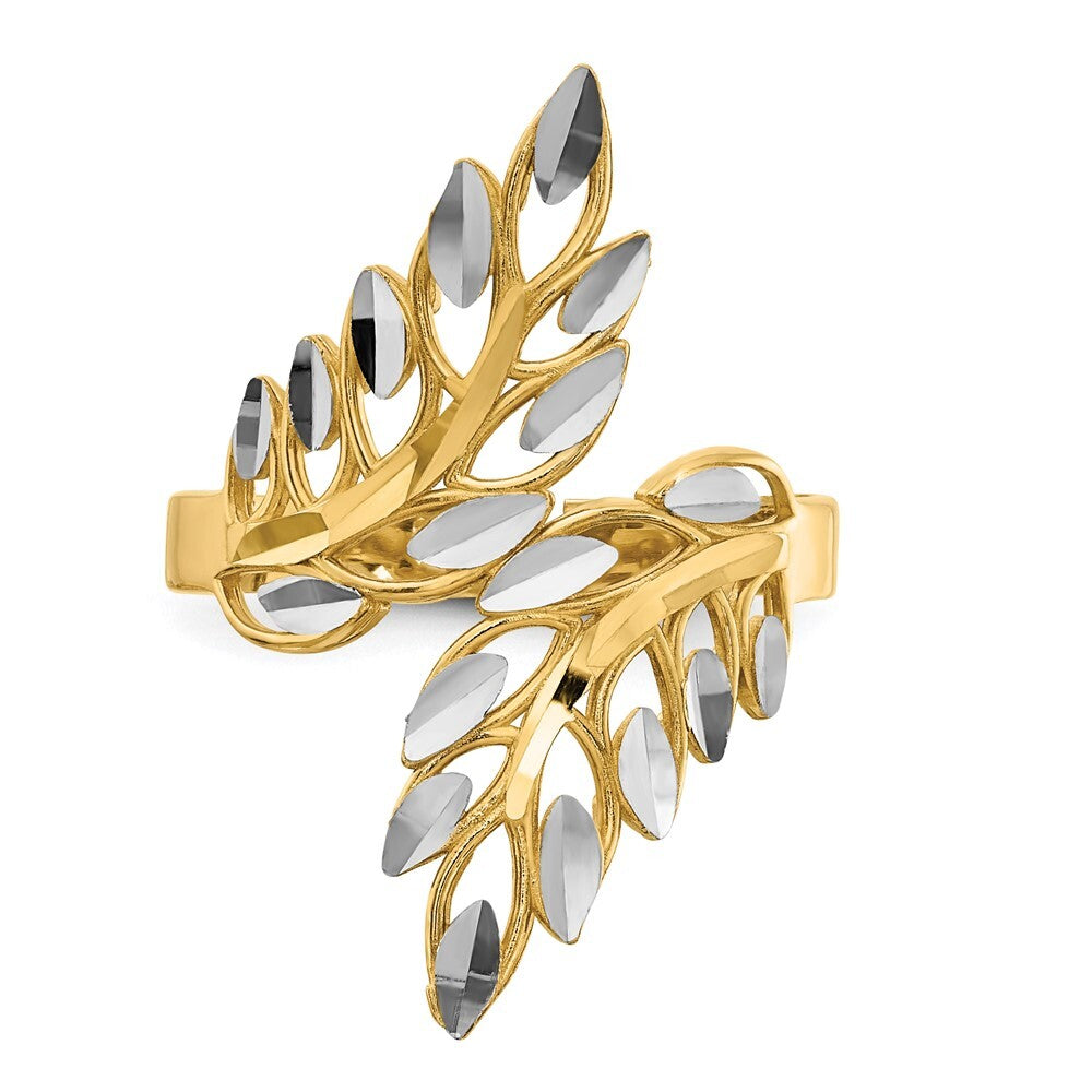 14K Yellow Gold w/ White Rhodium Diamond-cut Leaves Ring Size 7